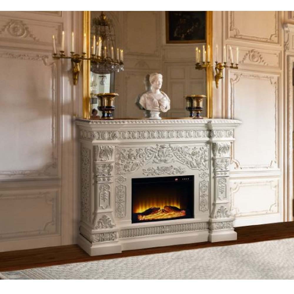 LED Electric Fireplace Wooden Frame Scrolled Floral Touch Panel/Remote Controller (Batteries Required 2pc x AAA) Functions: Adjustable Temperature, Timer, Light Only