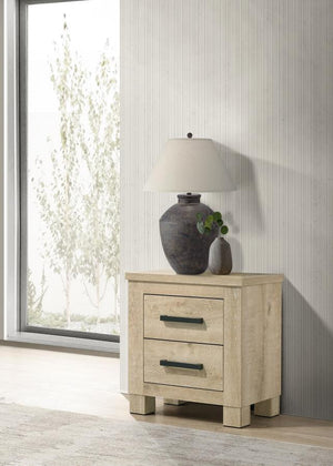  it is crafted from engineered wood with a scratch-resistant veneer for lasting durability. Dark bronze handles add a bold
