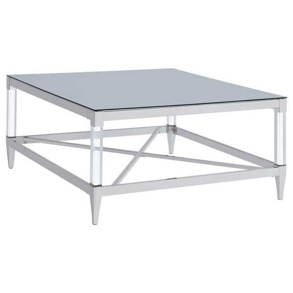 As the centerpiece of your living space, this coffee table exudes sophistication and contemporary elegance. Its square mirrored tempered glass top reflects ambient light and color, creating a vibrant focal point. The chrome-electroplated metal frame showc