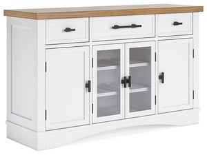 Casual style with substance. This dining server-'s two-tone finish of classic white and butcher block oak veneer adds a relaxed vibe to a delicious design. Spacious cabinets and drawers provide out-of-sight storage, while black bar pulls exude modern farm