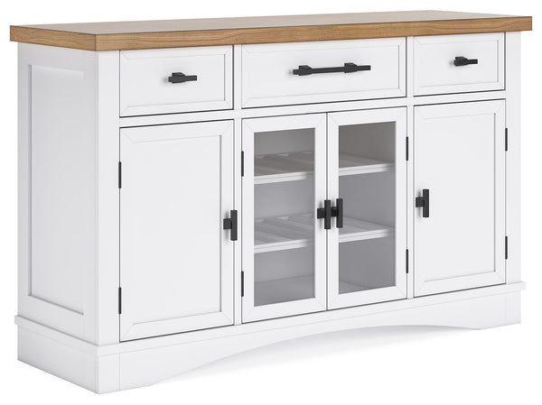 Casual style with substance. This dining server-'s two-tone finish of classic white and butcher block oak veneer adds a relaxed vibe to a delicious design. Spacious cabinets and drawers provide out-of-sight storage, while black bar pulls exude modern farm