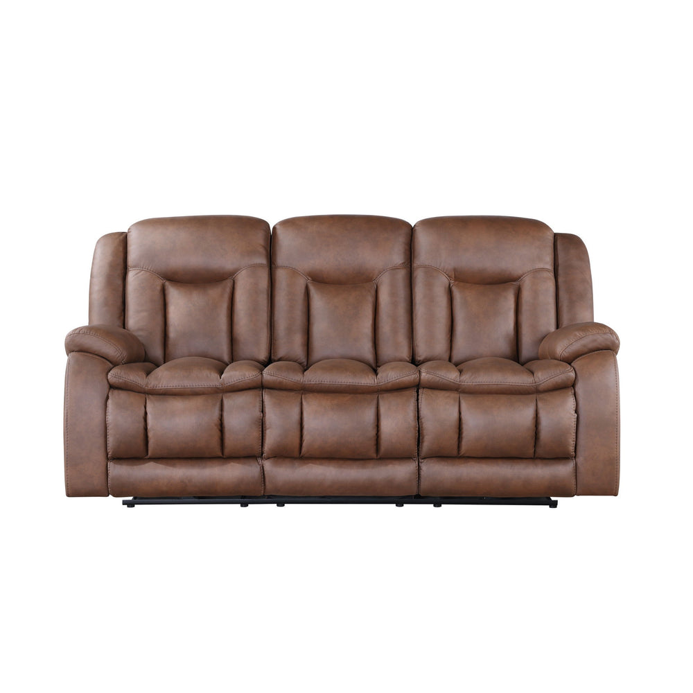 The Morello Dual Recliner Sofa in Brown brings together comfort, style, and functionality for your living space. Upholstered in sumptuously soft 100% polyester fabric in a saddle brown color, this couch mimics the luxurious look of leather without the hig