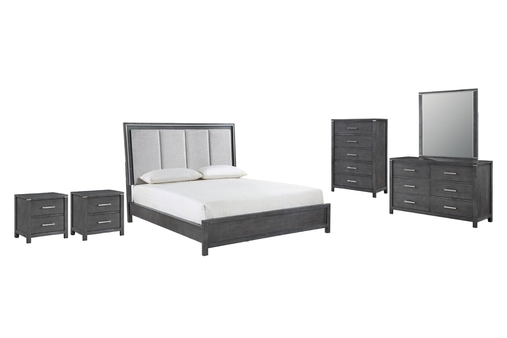 Experience the epitome of sophistication with the Odessa 5-Piece Bedroom Set. This comprehensive ensemble includes a beautifully illuminated bed, a six-drawer dresser, a mirror, a two-drawer nightstand, and a five-drawer chest, all in a captivating charco