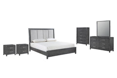 Experience the epitome of sophistication with the Odessa 5-Piece Bedroom Set. This comprehensive ensemble includes a beautifully illuminated bed, a six-drawer dresser, a mirror, a two-drawer nightstand, and a five-drawer chest, all in a captivating charco