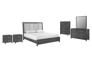 Experience the epitome of sophistication with the Odessa 5-Piece Bedroom Set. This comprehensive ensemble includes a beautifully illuminated bed, a six-drawer dresser, a mirror, a two-drawer nightstand, and a five-drawer chest, all in a captivating charco