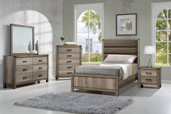 This modern bedroom collection features a clean-lined design with a stylish weathered gray finish. Sturdy and practical, each piece is equipped with ample storage and smooth metal hardware. The bed-'s bold headboard is a standout element, making it the fo