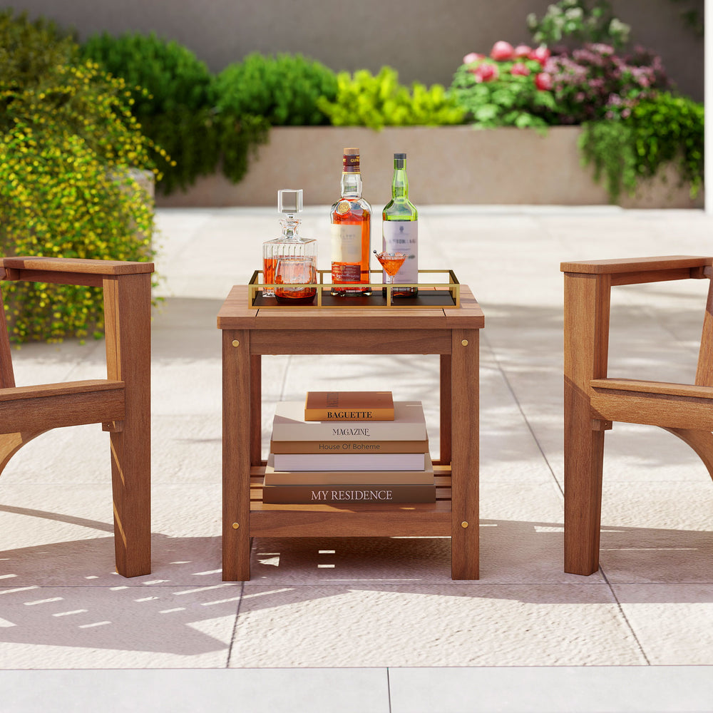 Crafted of solid wood  warp-resistant  reliable  built to last<br>The wood surface with delicate craftsmanship is smooth and splinter-free<br>Treated with waterproof teak oil finish for added protection<br>Comes with a tabletop and a bottom shelf  keep it