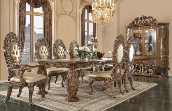 Ornate scrollwork and endless details the Constantine collection takes inspiration from the Baroque era to make up this dining set. The bronze finish creates a regal look to the set. The table sits on highly detailed wooden legs that are not only beautifu