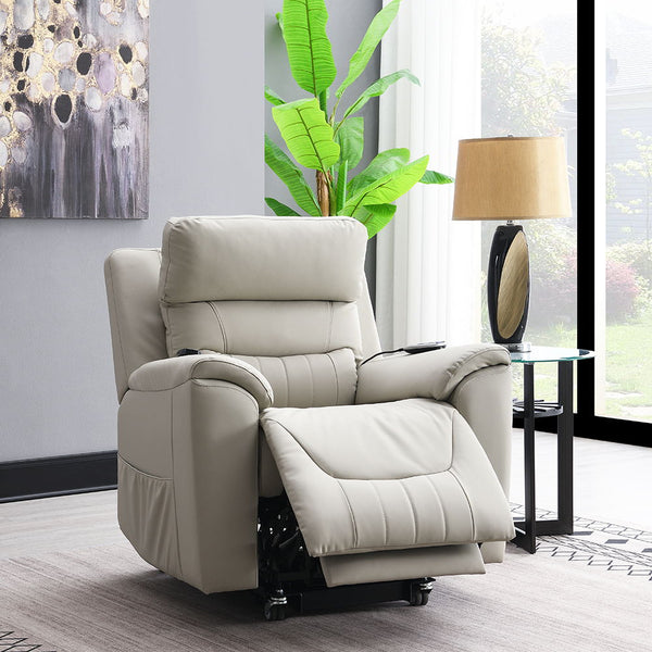 Indulge in luxury with this Marsha collection power recliner includes heating and massage functions and wrapped in light gray silicone synthetic leather. This recliner offers superior comfort with its ergonomic design, pocket coil seat construction, and t