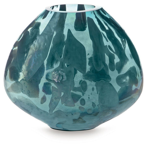 Display florals in captivating contemporary style with this vase. Iridescent details and shades of teal marry to make an artful interpretation of color. Whether it-'s showing off seasonal blooms or standing alone, this piece is a graceful addition to your