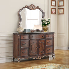 The Constantine 2 Piece Dresser and Mirror Set by Royal Classics offers a perfect blend of elegance and functionality. This set, finished in rich Cherry, includes one dresser and one mirror, each crafted from a blend of Solid Pine and Fancy Face Birch Ven