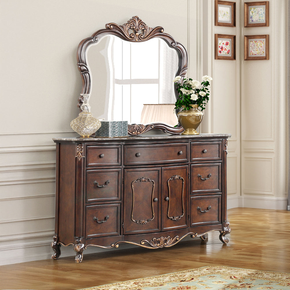 The Constantine 2 Piece Dresser and Mirror Set by Royal Classics offers a perfect blend of elegance and functionality. This set, finished in rich Cherry, includes one dresser and one mirror, each crafted from a blend of Solid Pine and Fancy Face Birch Ven