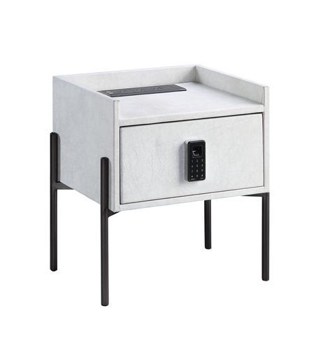 Metis nightstand w/ USB in vintage white top grain leather.