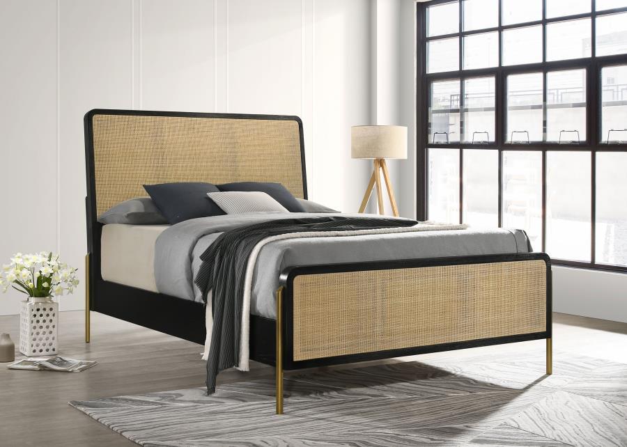Center your bedroom on a modern coastal bed with a hint of glam flair. Its simple silhouette features a tall headboard and low footboard, each with a squared profile and rounded corners that soften the overall effect. The head and footboards feature woven