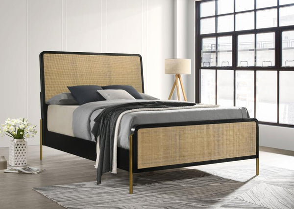  each with a squared profile and rounded corners that soften the overall effect. The head and footboards feature woven