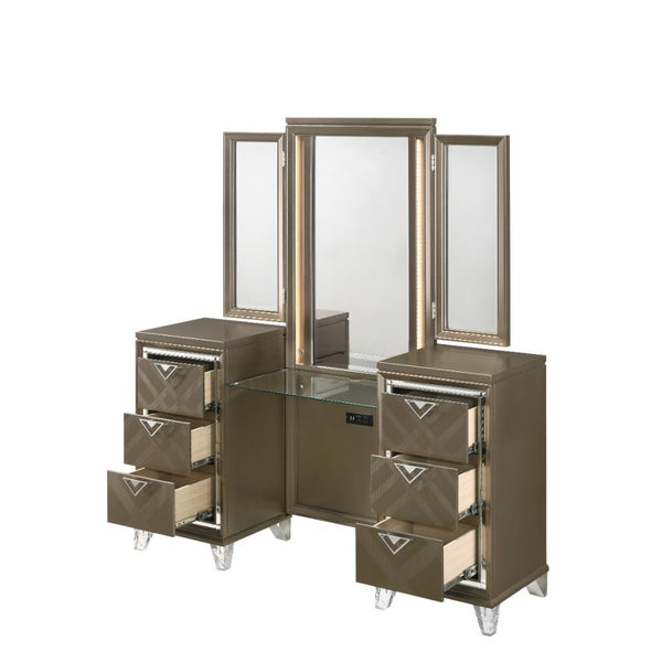  Tri-Fold Mirror w/LED Touch Light & Back Panel w/Hidden Jewelry Rack â€¢â€¢ CONSTRUCTION] Drawer: Embossed Fronts