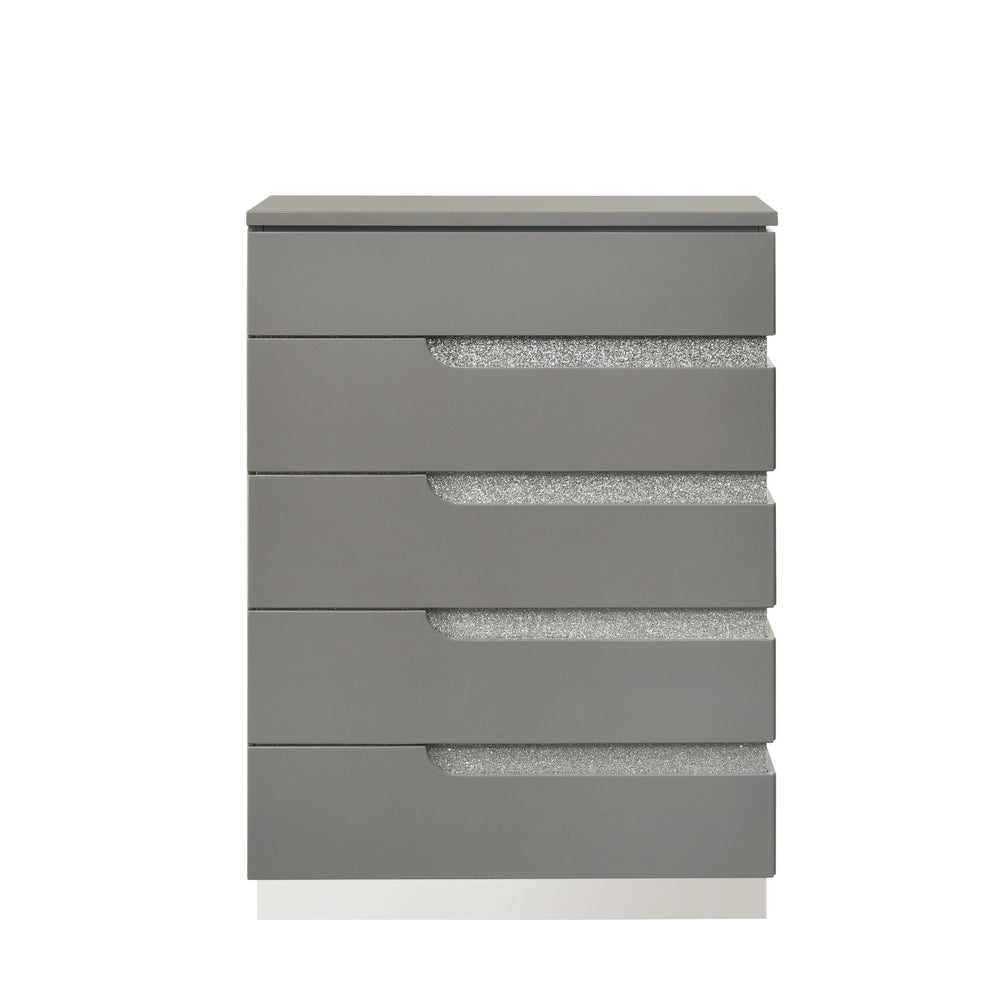 The Paradox Five Drawer Chest in Gray combines modern elegance with practical functionality. The gleaming Gray gloss laminate finish offers a sleek, contemporary look while providing scratch and water resistance. Constructed from a combination of solid an