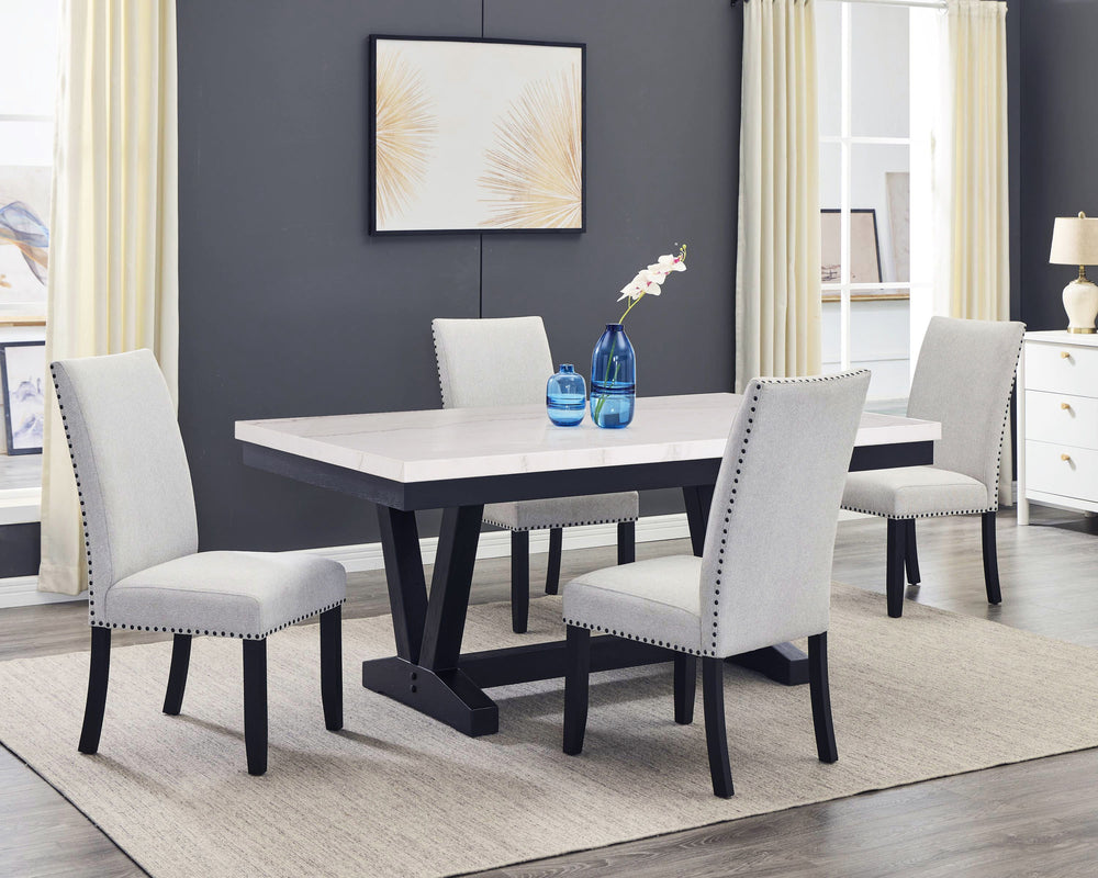 A fresh take on a traditional silhouette makes this group a great addition to your dining space. A genuine marble top is luxurious and timeless. The trestle base is updated in a contemporary charcoal finish. The upholstered dining chairs feature gently sl