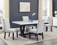A fresh take on a traditional silhouette makes this group a great addition to your dining space. A genuine marble top is luxurious and timeless. The trestle base is updated in a contemporary charcoal finish. The upholstered dining chairs feature gently sl