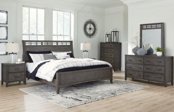 Cool and clean, yet warm and inviting. This bedroom set has so many standout qualities, making it an inspired choice for your dream destination. Made with hardwood solids, and MDF substrates with an embossed wood grain texture. Medium gray-brown finish wi