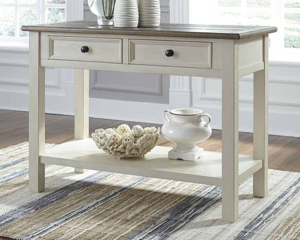 Store and showcase your favorite things with this sofa table. Its textured antique white finish creates a vintage two-tone look that will endure for years.<br><br><b>Additional Dimensions</b><br><ul><li>Opening: 0-"</li><li>Drawer interior (2): 0-"</li></