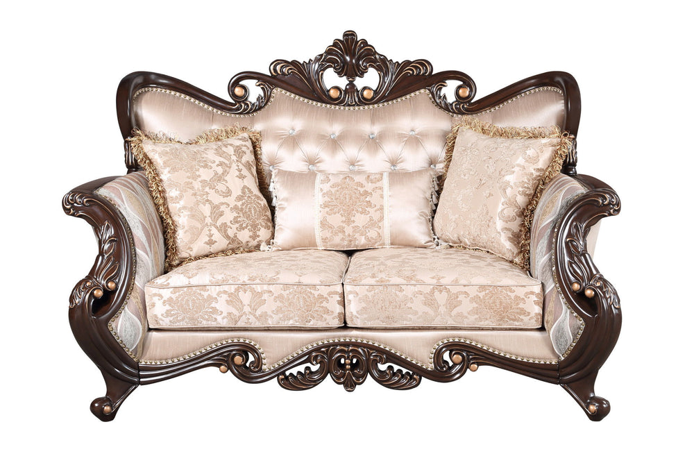 The Royal Classics Constantine Loveseat in cherry brings together heirloom quality craftsmanship and luxurious design, making it a stunning addition to any living space. Expertly crafted from solid pine and adorned with premium polyurethane carvings, this