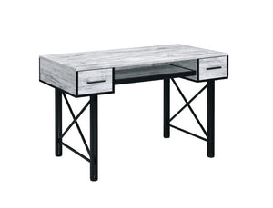 The Settea Desk bring a mix-and-match look with distressed casegood and black metal frame. Found atop a double pedestal base, It is accented with metal trim and -"X-" shpaed support for industrial details. The rectangular table is designed for a spacious 