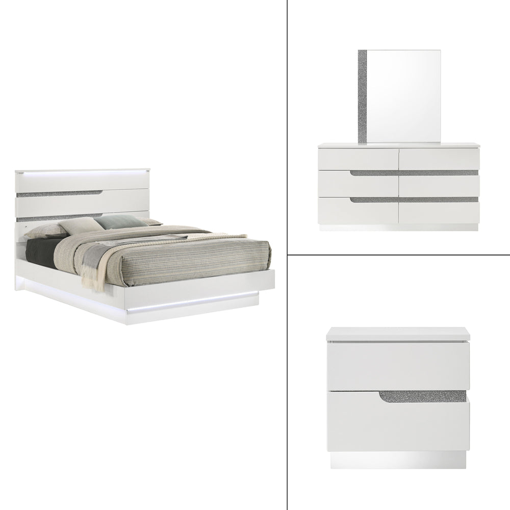 The Paradox 4 Piece Platform Bedroom Set in White is the epitome of modern elegance and functional design. This set includes a platform bed along with a dresser, mirror, and nightstand. The gleaming white gloss laminate finish offers a sleek, contemporary