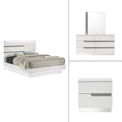The Paradox 4 Piece Platform Bedroom Set in White is the epitome of modern elegance and functional design. This set includes a platform bed along with a dresser, mirror, and nightstand. The gleaming white gloss laminate finish offers a sleek, contemporary