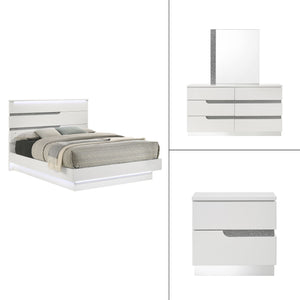 The Paradox 4 Piece Platform Bedroom Set in White is the epitome of modern elegance and functional design. This set includes a platform bed along with a dresser, mirror, and nightstand. The gleaming white gloss laminate finish offers a sleek, contemporary