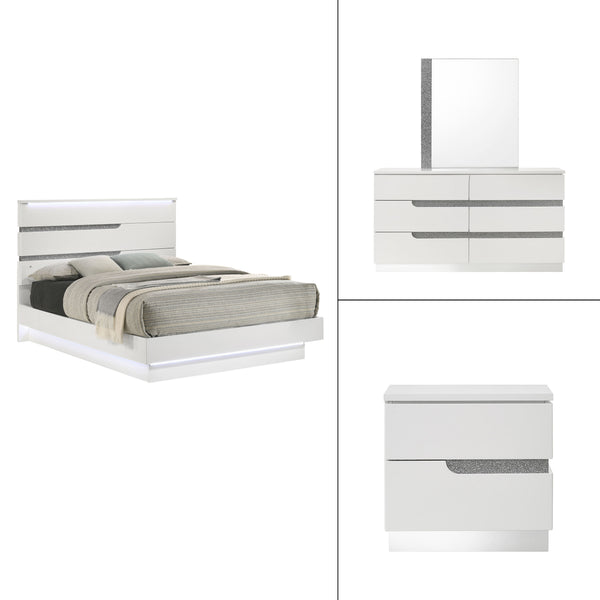 The Paradox 4 Piece Platform Bedroom Set in White is the epitome of modern elegance and functional design. This set includes a platform bed along with a dresser, mirror, and nightstand. The gleaming white gloss laminate finish offers a sleek, contemporary