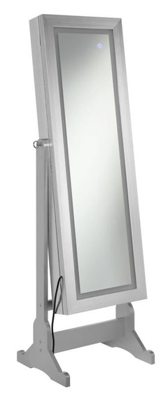 Put the finishing touch on a glamourous bed or dressing room with this stunning floor-length jewelry cheval mirror. Sleek and smooth, the frame features a metallic silver finish. Supportive and intriguing, the delicately curved legs give this mirror its c