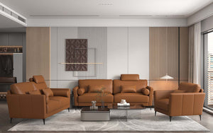  the Tussio collection offers comfort and style. The gorgeous saddle tan leather finish is modern. Included are bolster cushions and pillows to match the seating. The headrest provides added comfort to