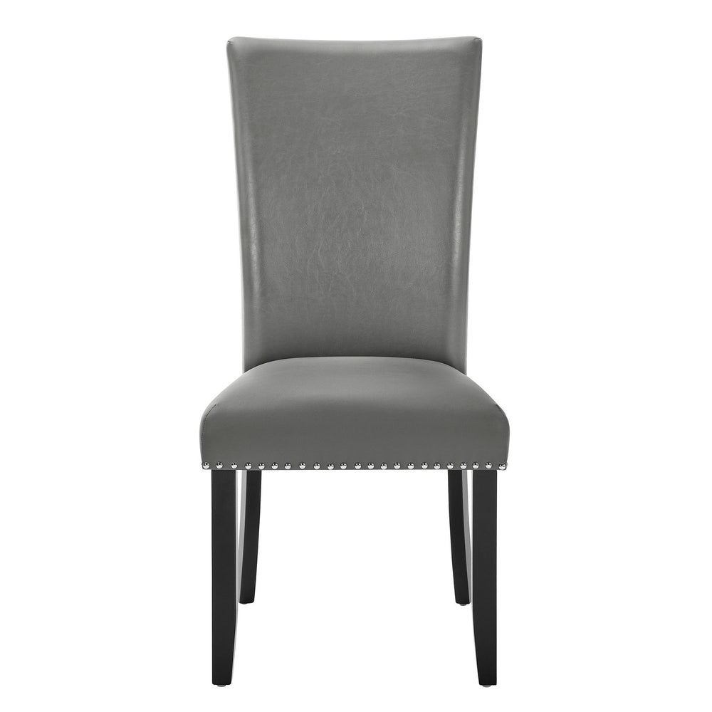 Upgrade your dining area with the Lyra Upholstered Dining Chairs. This set of two chairs feature a sleek gray upholstery that exudes contemporary glam, complemented by black legs and elegant silver nail head trim. Crafted from a combination of solid and m