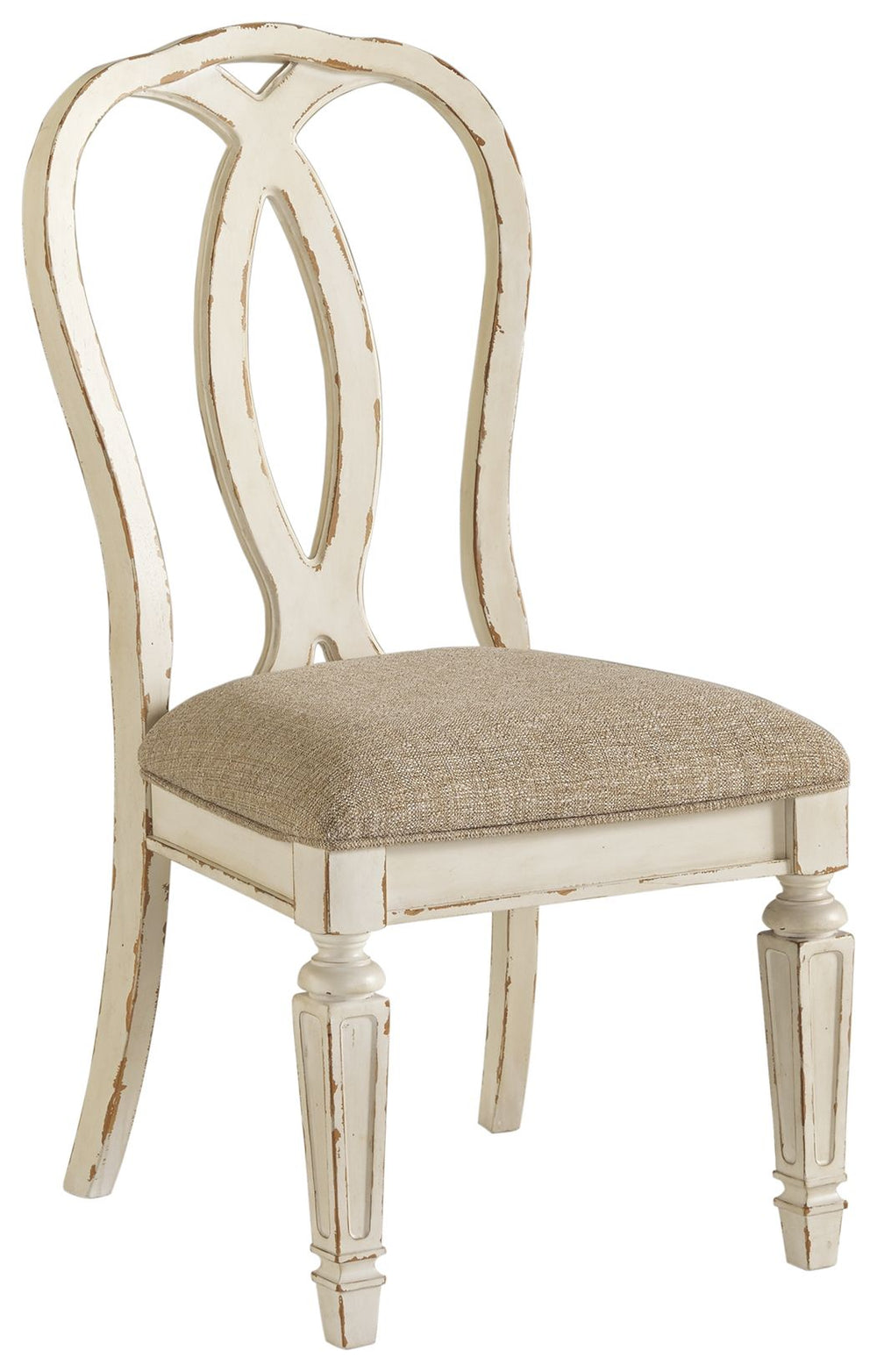 French twist. With its stylized ribbon back, chipped white finish and plushly cushioned seat, this dining room chair has all the right ingredients for a French country-inspired feast for the eyes.<br><br><b>Additional Dimensions</b><br><ul><li>Seat width: