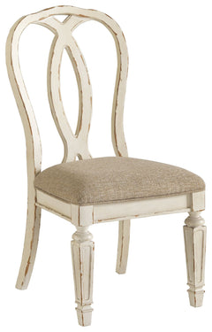 French twist. With its stylized ribbon back, chipped white finish and plushly cushioned seat, this dining room chair has all the right ingredients for a French country-inspired feast for the eyes.<br><br><b>Additional Dimensions</b><br><ul><li>Seat width: