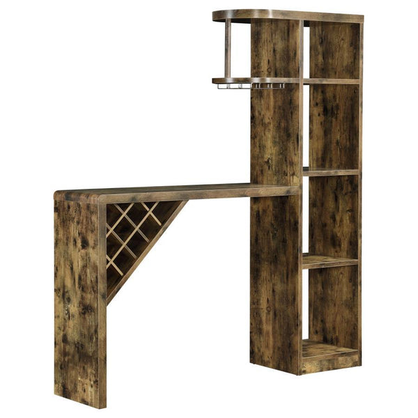 This is an artful, asymmetrical use and storage solution for the wine connoisseur who craves eye-catching style along with practicality. Four roomy vertical compartments allow for intelligent storage of bottles or glasses, with an additional, striking dia