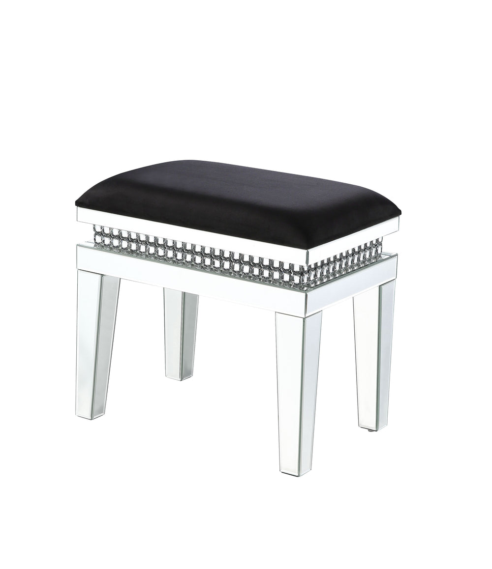 Shining in the Hollywood glamour style, the Lotus Vanity Stool will be an ultimate statement piece for your dreamy dressing room. Mirrored taperd legs and aprons are characterized by reflective surface, with decorative faux crystals enhancing its modern d