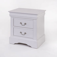 The Louis Philippe III collection nightstand comes in black, cherry, white, and antique gray finish. It has two drawers with center metal glide and brushed nickel metal handle. Offers you plentiful storage with spacious drawers<br/><br/><b>Product Feature