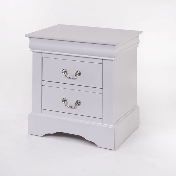The Louis Philippe III collection nightstand comes in black, cherry, white, and antique gray finish. It has two drawers with center metal glide and brushed nickel metal handle. Offers you plentiful storage with spacious drawers<br/><br/><b>Product Feature