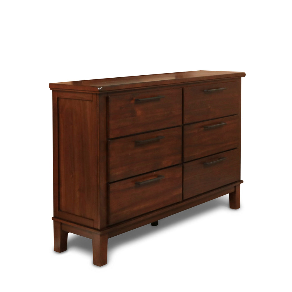 The Cagney 6-Drawer Dresser in Chestnut Brown is a masterful combination of strength, elegance, and functionality, designed to enhance any bedroom space. This dresser is meticulously constructed from solid Rubberwood, premium engineered woods, and authent