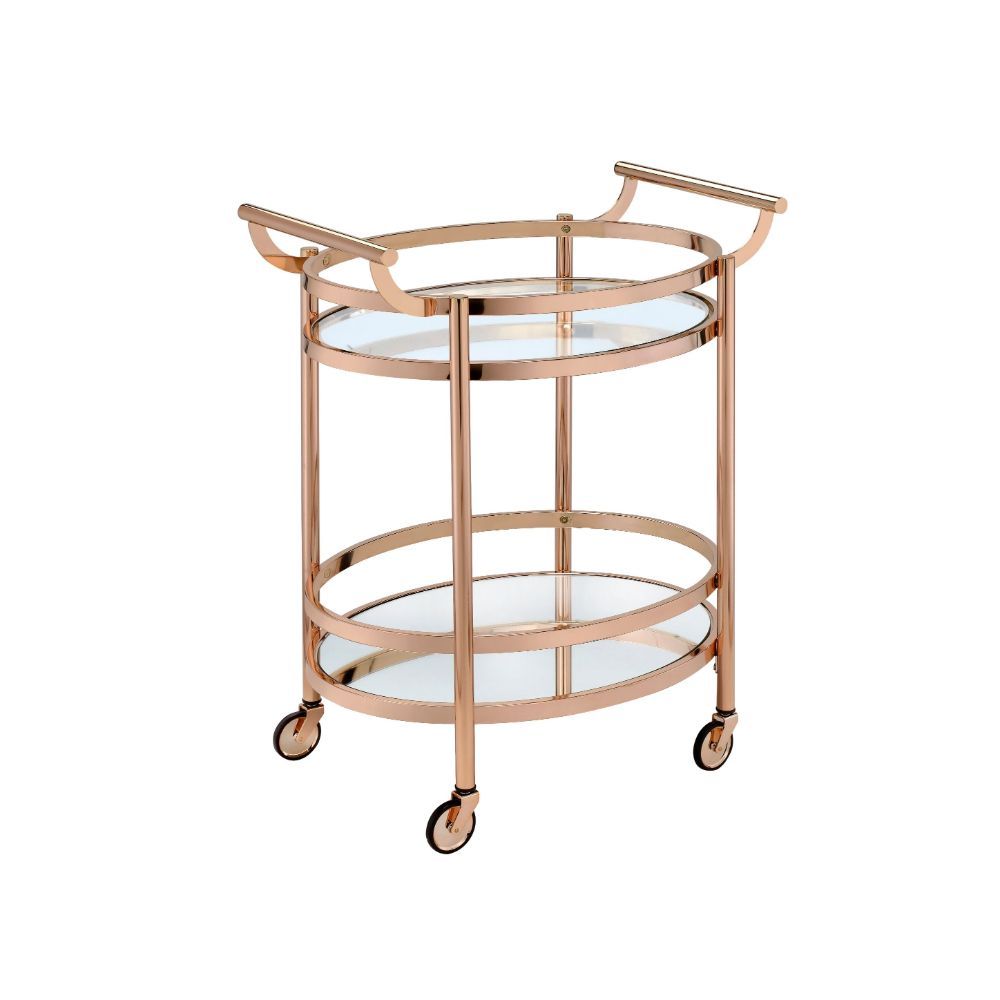 Show off your personality with the Lakelyn serving cart, featuring a metal frame finished in rose gold and top tray of glass and lower mirrored shelf for that glam appeal. The clear tempered glass top and mirror bottom are the ideal place for placing your
