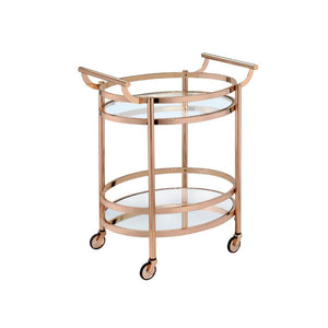 Show off your personality with the Lakelyn serving cart, featuring a metal frame finished in rose gold and top tray of glass and lower mirrored shelf for that glam appeal. The clear tempered glass top and mirror bottom are the ideal place for placing your