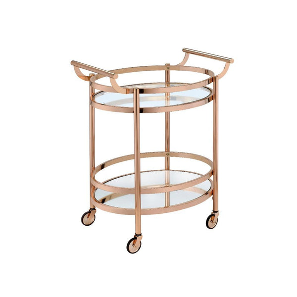 Show off your personality with the Lakelyn serving cart, featuring a metal frame finished in rose gold and top tray of glass and lower mirrored shelf for that glam appeal. The clear tempered glass top and mirror bottom are the ideal place for placing your