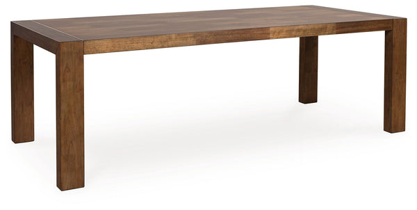 Experience worry-free living with this dining table. Designed to effortlessly blend casual and refined aesthetics, the rich brown butcher block veneer exudes a modern, relaxed vibe you-'ll love. Styled to comfortably seat eight, this piece makes room for 