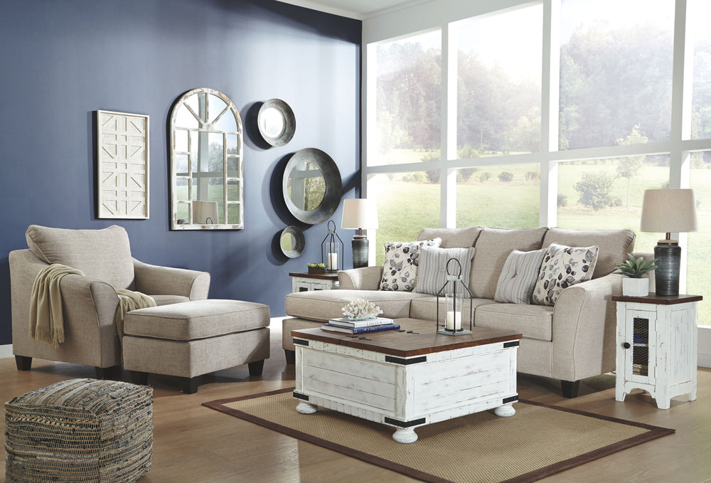 For a fresh spot in your space, turn to this designer chair and ottoman. Wind down at the end of a long day when you sink into this canyon of comfort. <h4><b>Abney - Driftwood - Chair</b></h4> <table width=-"100%-"><colgroup><col style=-"width: 30%