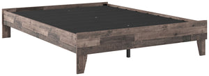 Streamlined design and a stunning finish come together in one simply extraordinary bed. This queen panel bed is sure to impress with platform styling and a rich brown finish over replicated pine grain texture. Its mid-century profile is a nod to the past,