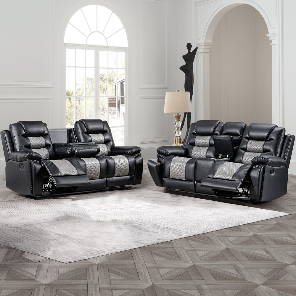 Transform your living space with the Nikko 2 Piece Motion Upholstery Set, featuring a dual reclining sofa and console loveseat with hidden cup holders. This set, which includes a luxurious sofa and a versatile console loveseat, is designed for both comfor