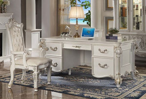 Vendome - Executive Writing Desk - Antique Pearl Finish<br/><br/><b>Product Features</b><ul><li>Assembled, Executive Office Desk 5 Drawer Drawer: GLIDE Side Metal Shaped Top Oversized Scrolled Leg Gold Brush Accent Finish</li></ul><br/>