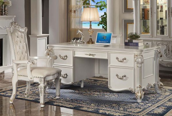 Vendome - Executive Writing Desk - Antique Pearl Finish<br/><br/><b>Product Features</b><ul><li>Assembled, Executive Office Desk 5 Drawer Drawer: GLIDE Side Metal Shaped Top Oversized Scrolled Leg Gold Brush Accent Finish</li></ul><br/>